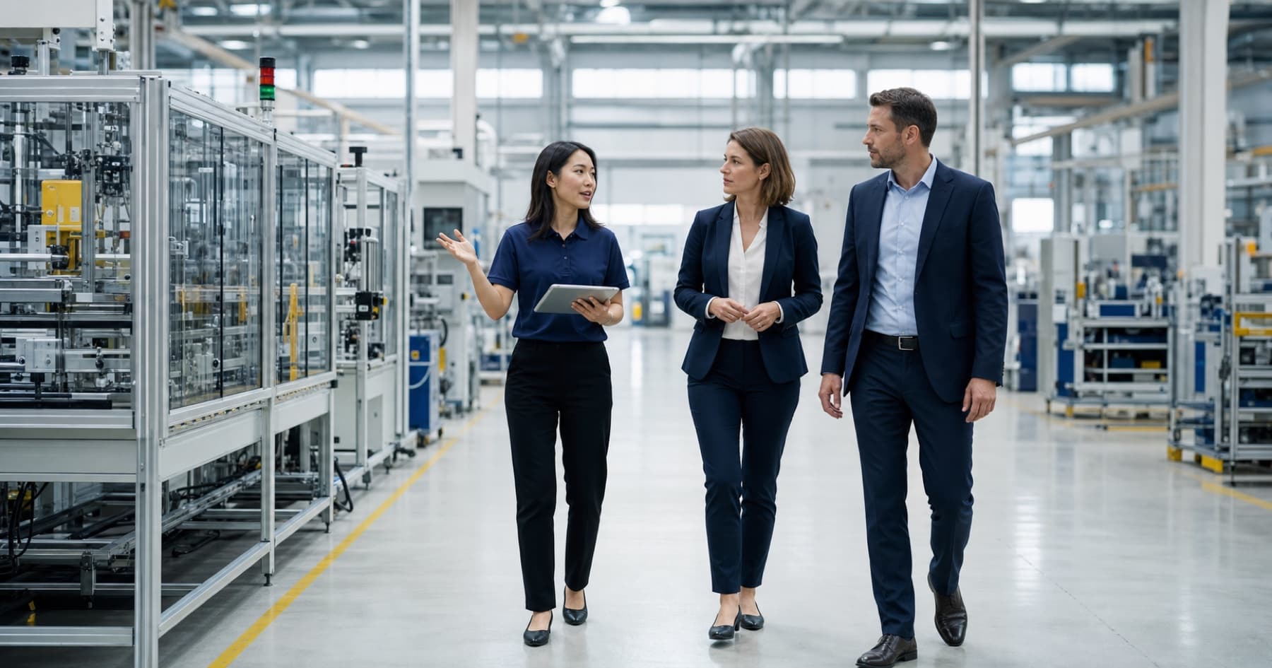 A local specialist guiding business visitors through a factory
