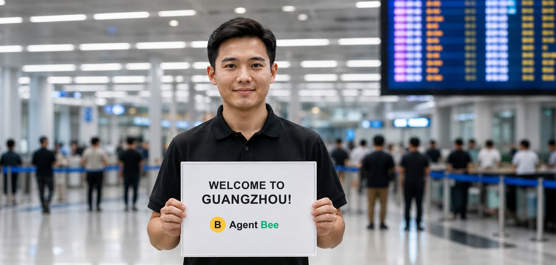 Agent Bee representative welcoming a client at Guangzhou airport