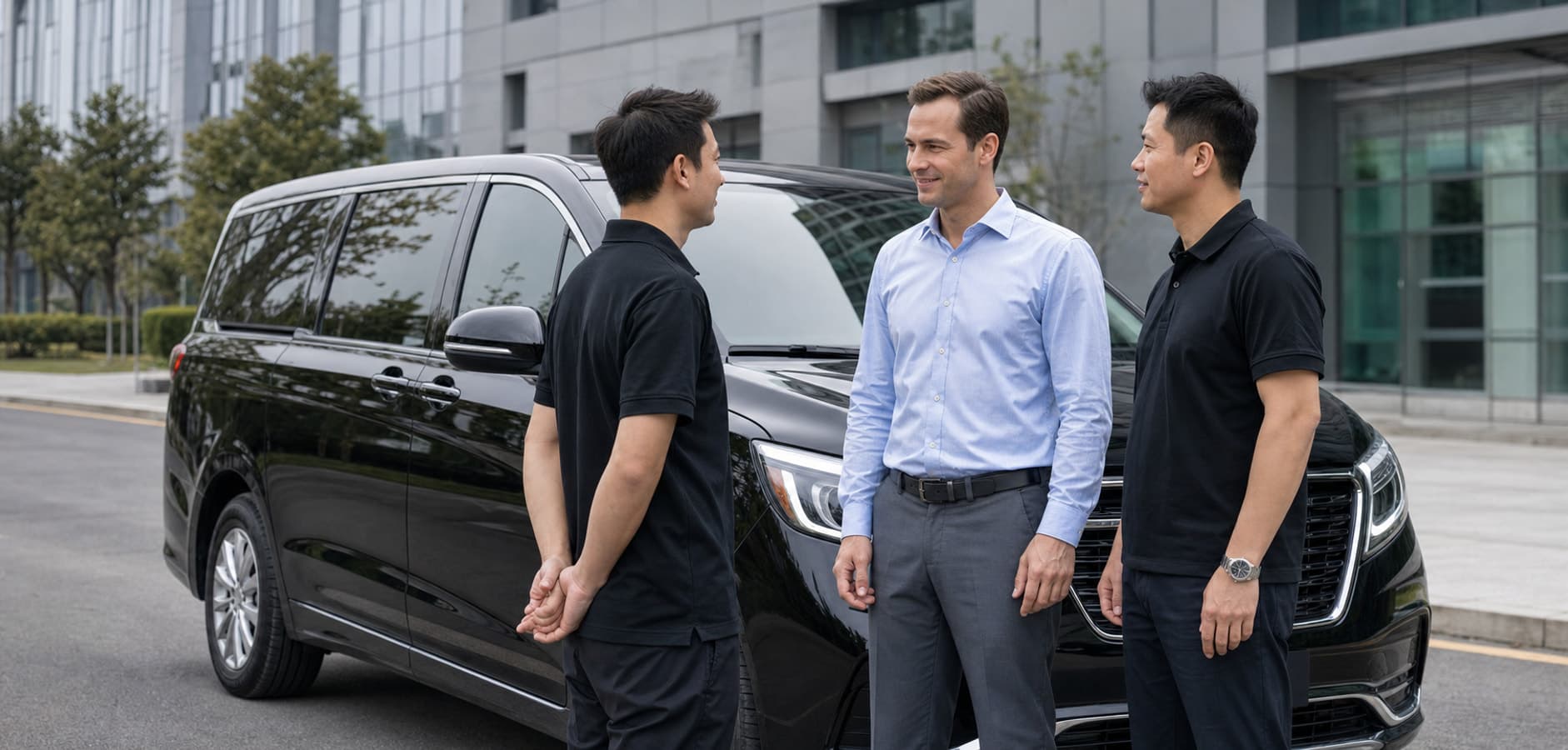 Client meeting the Agent Bee team beside a car before factory visits