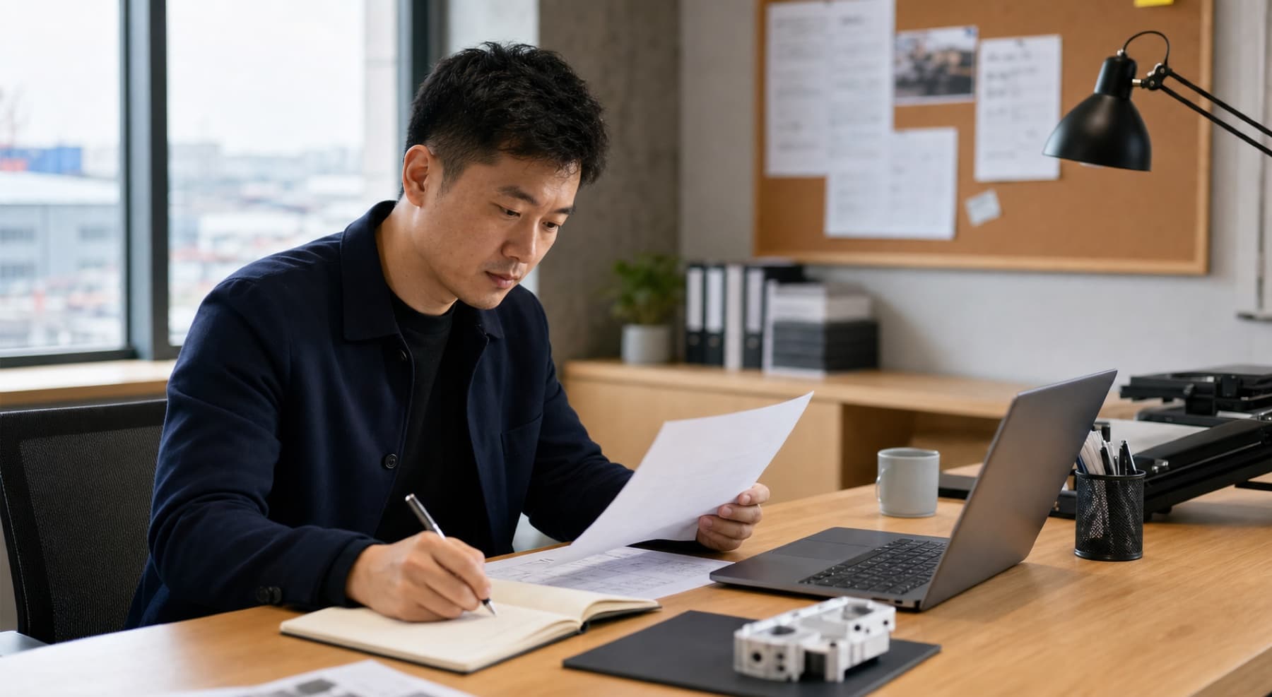 A dedicated operations manager reviewing a client plan at his desk