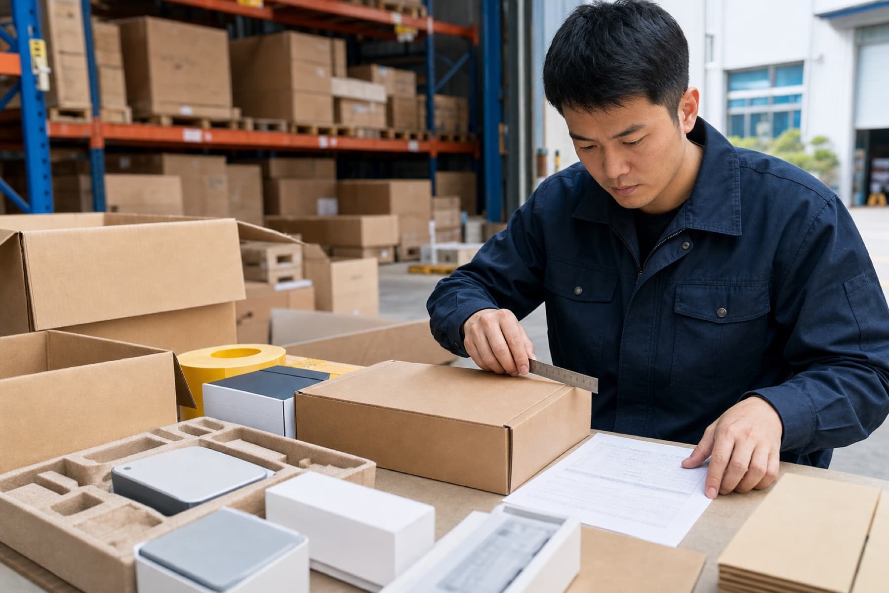A quality specialist measuring packaging before shipment