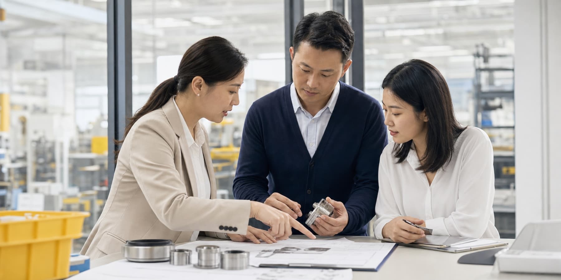 A local China operations team reviewing supplier documents and a product sample