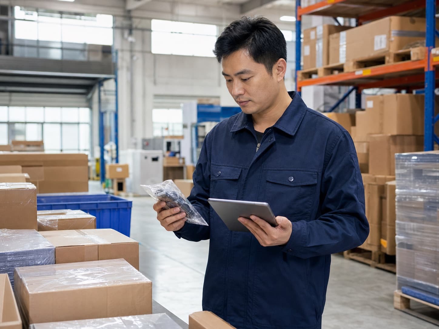 Inspector checking goods at the Agent Bee China warehouse office