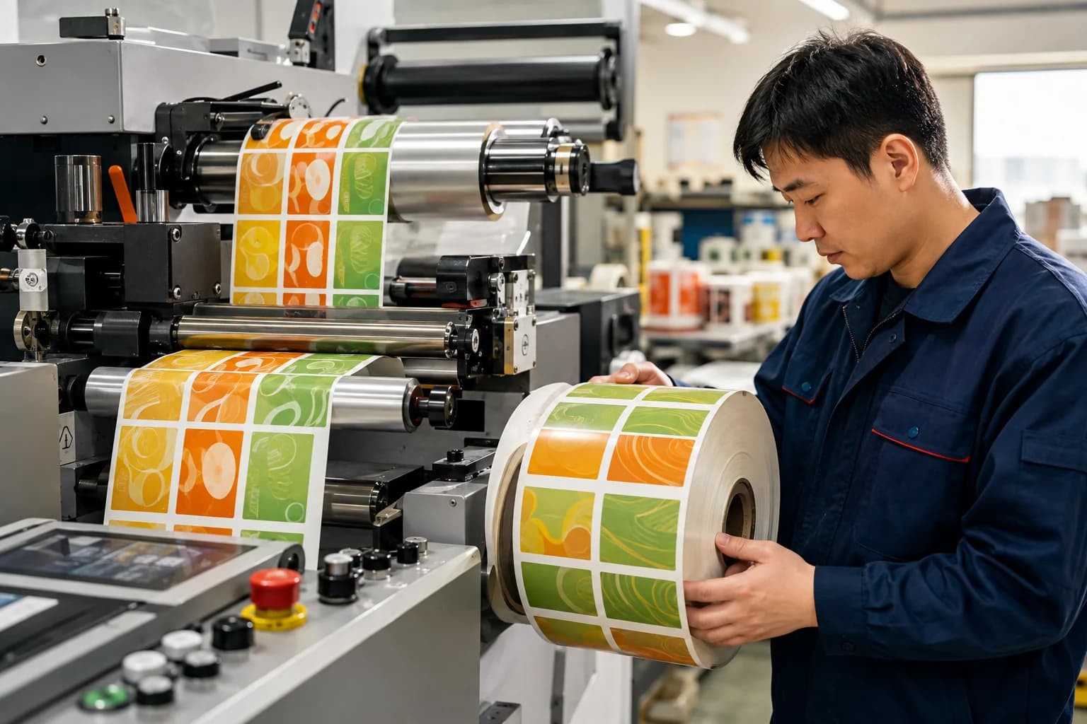 Worker printing custom product labels at a printing facility in China